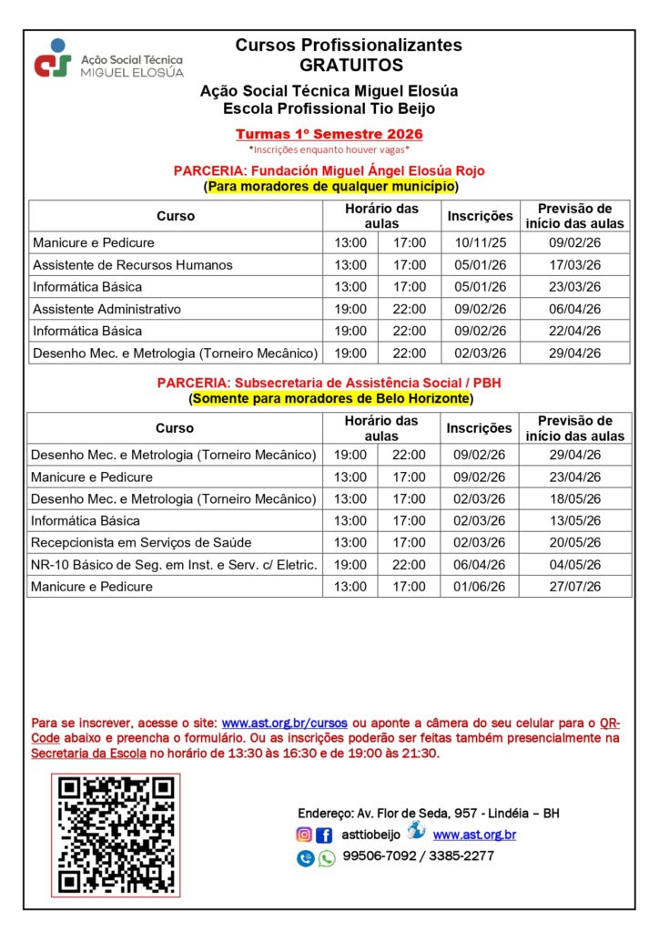CAlendário de divulgação dos cursos da Escola Tio Beijo, primeiro semestre de 2026